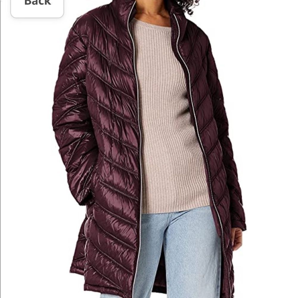 Calvin Klein Maroon Packable Lightweight Premium Down Long Puffer Coat with Hood
